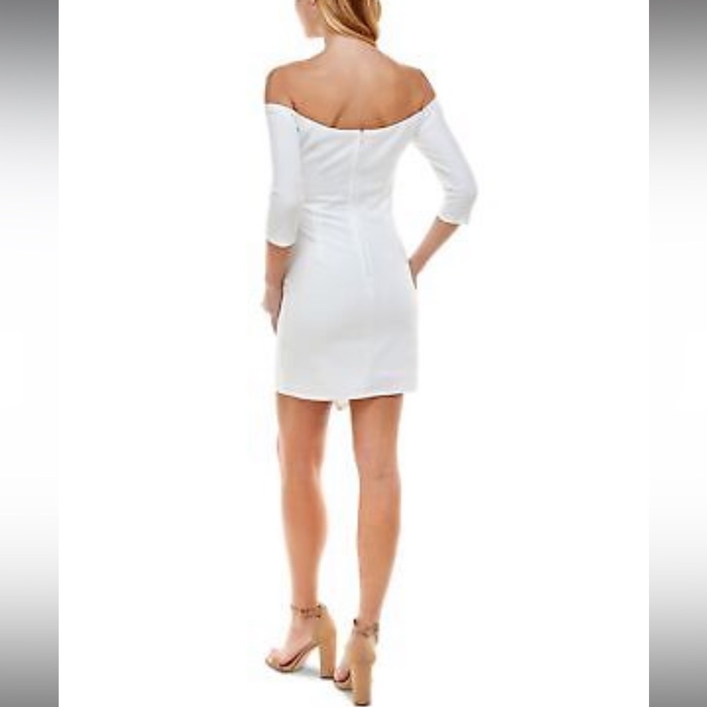 ⭐️MIDNIGHT DOLL White OffShoulder 3/4 Sleeve Faux Wrap Asymmetrical Hem Dress - Picture 2 of 5